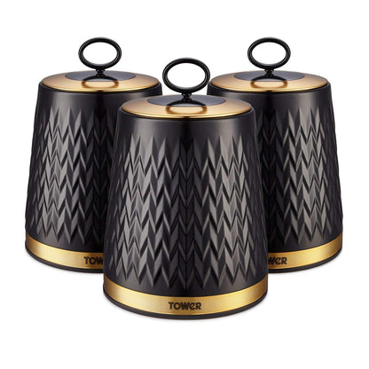 Tower T826091BLK Empire Set of 3 Storage Canisters for Tea Coffee Sugar, 1.3L, Black and Brass
