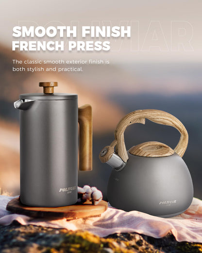 POLIVIAR Cafetiere 8 Cup, French Press Coffee Maker with Wood Handle, Double Walled Insulated Cafetiere &1 Extra Filter, Insulated 1L French Press for
