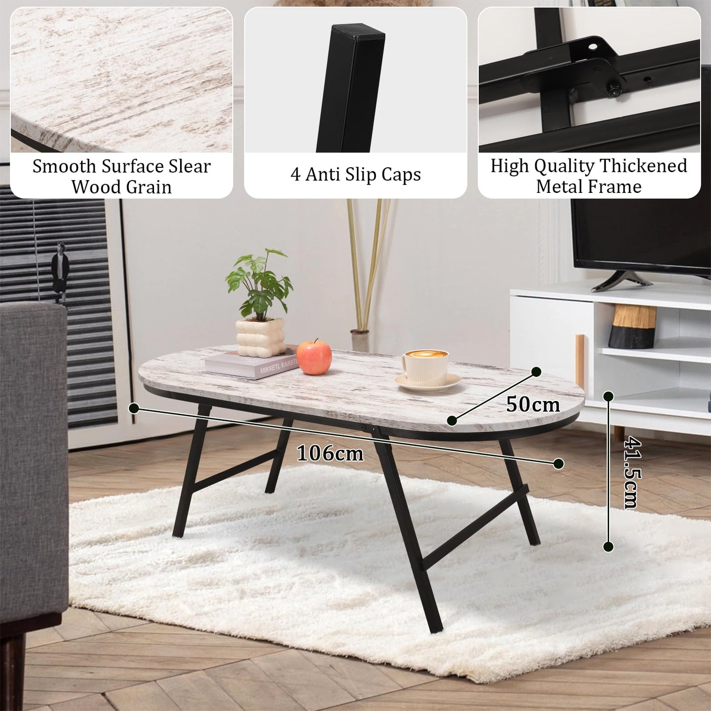FEUFOAM Folding Small Coffee Table Wood Low Coffee Tables with Metal Legs Portable Oval Center Table Rustic Farmhouse Furniture for Living Room Small