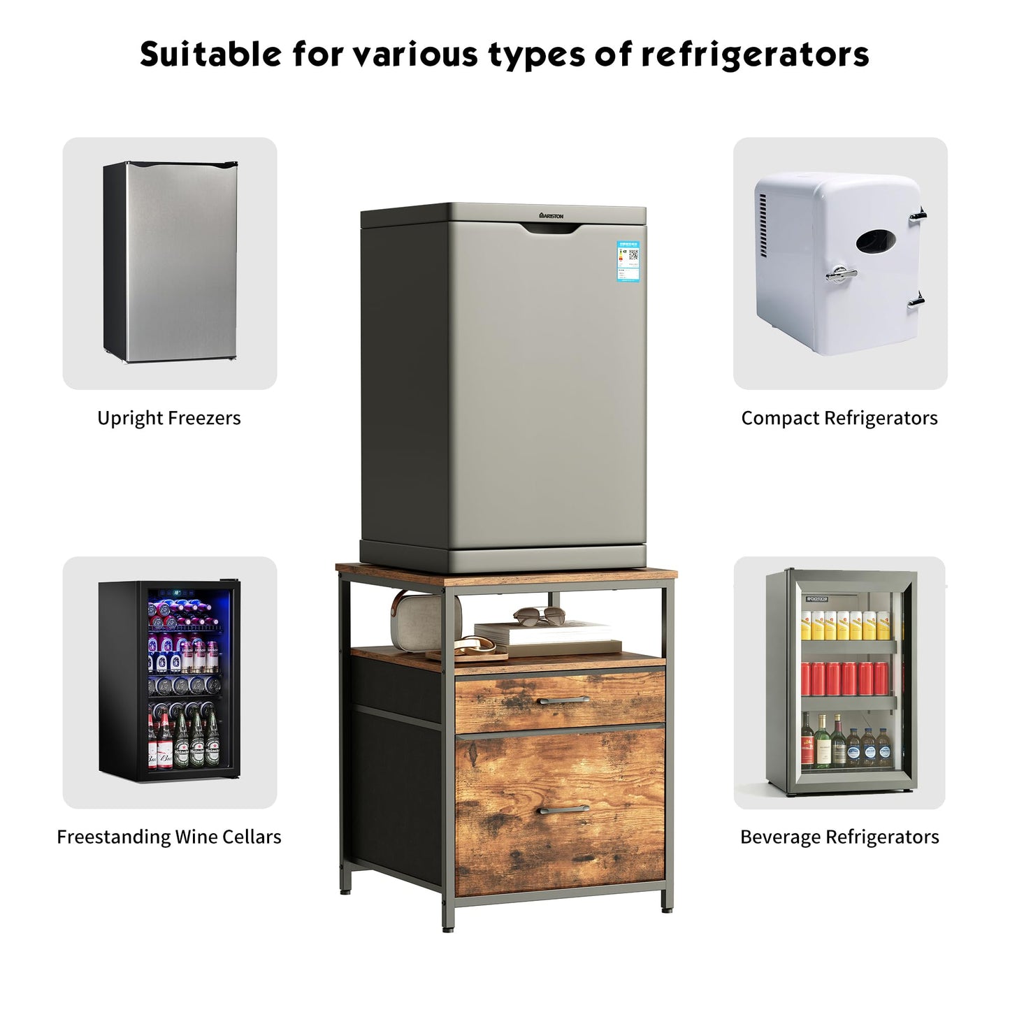 Herture Mini Fridge Stand with 3 Storage, Mini Fridge Cabinet, Beverage Fridge Table, Heavy Duty 55.2cm L * 57.68cm W Tabletop, for Dorm