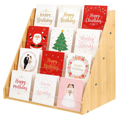 4 Tier Greeting Card Display Stand - Bamboo Acrylic Organiser Rack, Multi-Purpose Holder,Clear Acrylic Display Rack, Desktop Organiser for Postcards