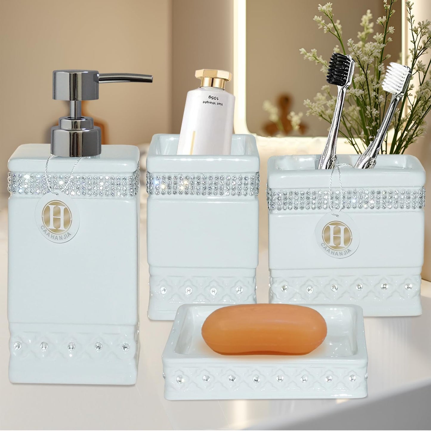 CAAHANJIA Bathroom Accessories Set 4 Pcs-Ceramic Gift Soap Dispenser Pump & Toothbrush Holder Tumbler Cup Dish - Home Decor Clearance