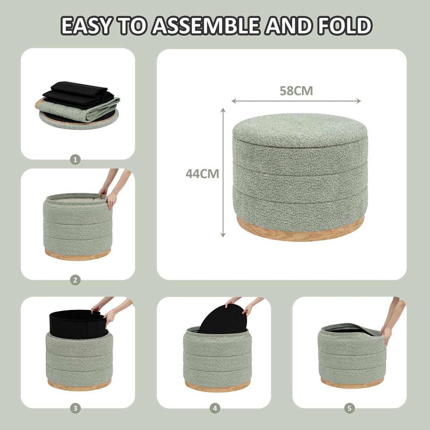 PINPLUS Round Chenille Storage Ottoman, Tray Top, 58x58x44 cm, Sage Green