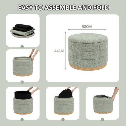 PINPLUS Round Chenille Storage Ottoman, Tray Top, 58x58x44 cm, Sage Green