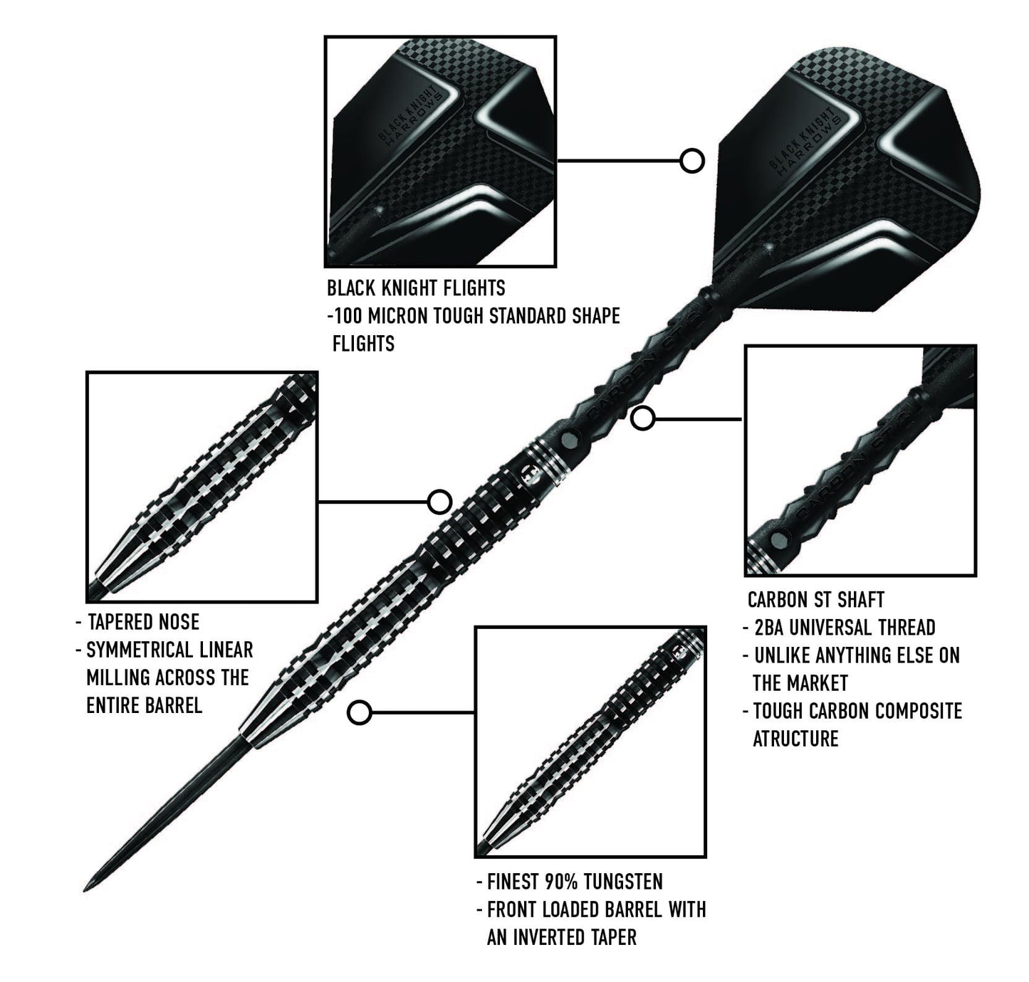 Harrows Black Knight 90% Tungsten Steel Tip Darts Set, 21g - 26g - Includes Black Carbon ST Midi Shafts & Micron Black Knight Flights (24g)