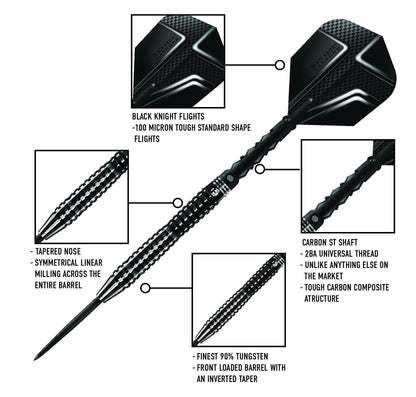 Harrows Black Knight 90% Tungsten Steel Tip Darts Set, 21g - 26g - Includes Black Carbon ST Midi Shafts & Micron Black Knight Flights (24g)