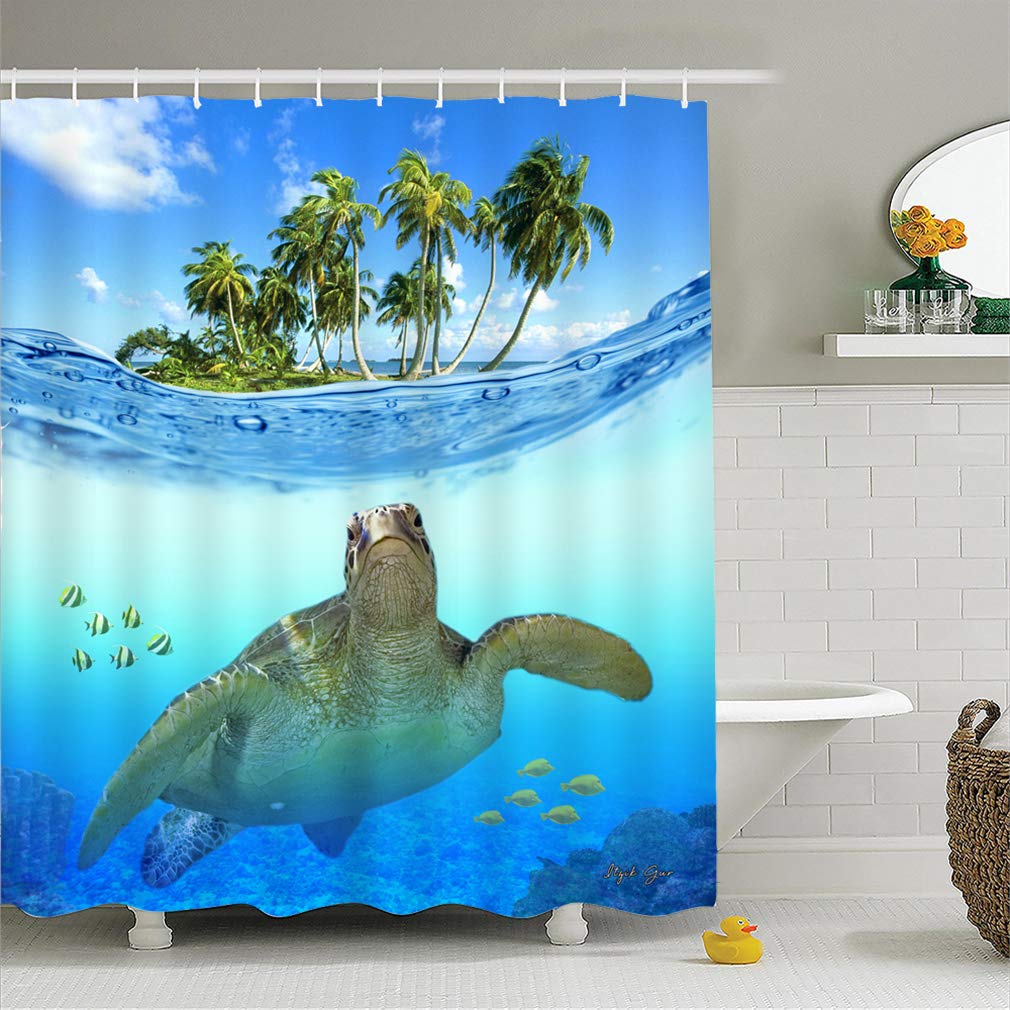 X-Labor Beach Motif Shower Curtain Waterproof Fabric Anti-Mould Includes 12 Shower Curtain Rings Washable Bath Curtain 180 x 200 cm Pattern A