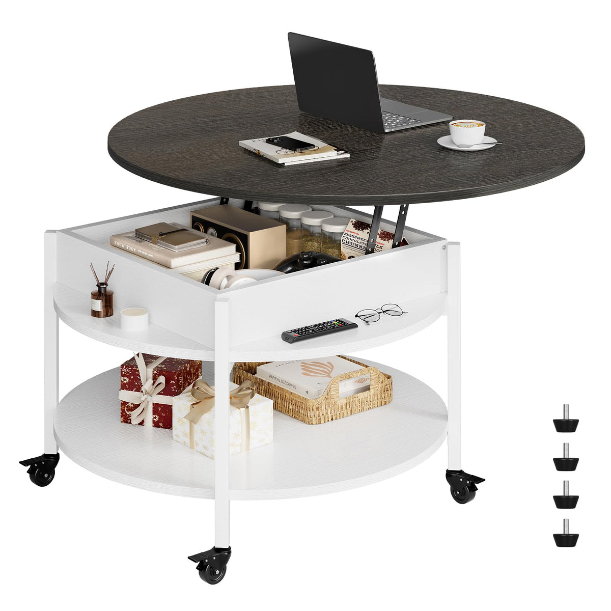 Mossora Round Lift Top Coffee Table with Wheels, Circle Center Table with Storage and Compartment, 68 cm Rolling Coffee Tables for Living Room