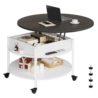 Mossora Round Lift Top Coffee Table with Wheels, Circle Center Table with Storage and Compartment, 68 cm Rolling Coffee Tables for Living Room