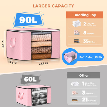 Budding Joy 90L Storage Bags, Large Clothes Storage Boxes with Zips Pink