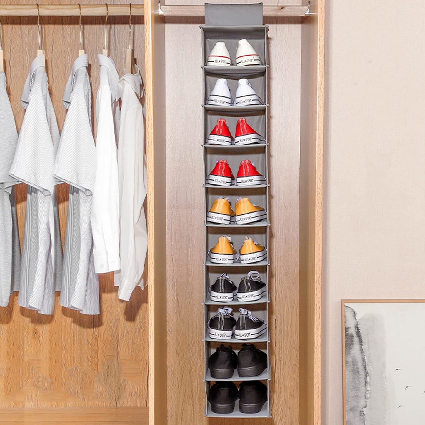 Hanging Shoe Organizer 10-Shelf Shoes Storage for Wardrobe Non-woven Collapsible Hanging Shoe Rack Slim Wardrobe Shoe Storage Organiser Foldable