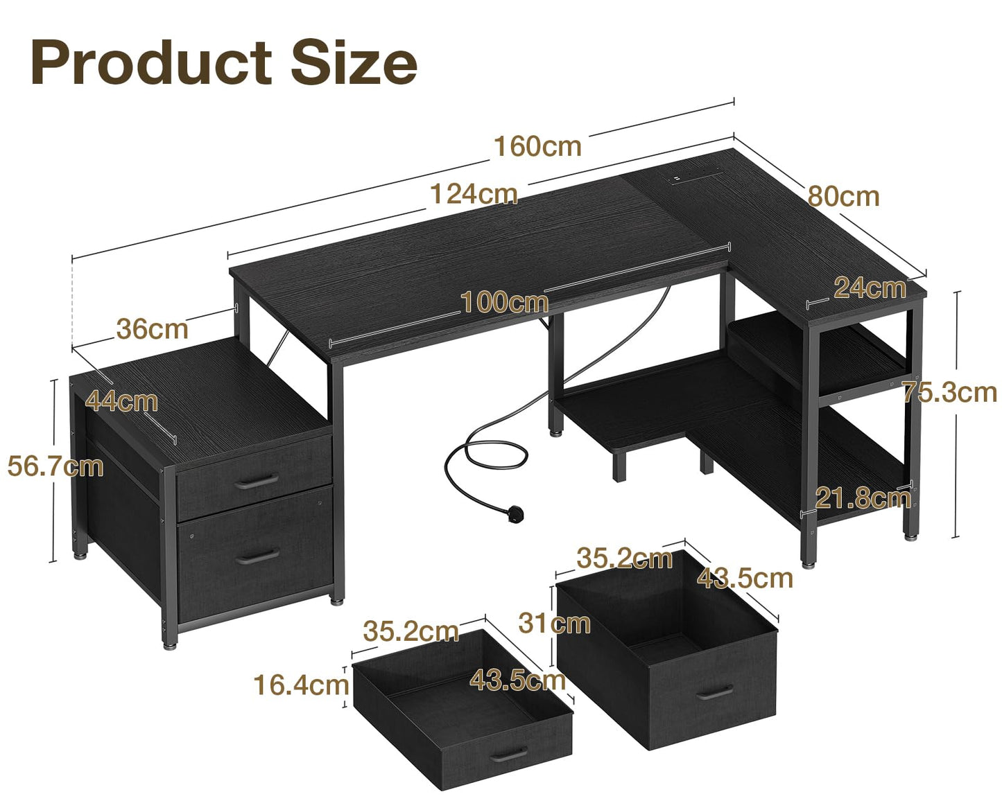 Coleshome Corner Desk with Drawers, 160x80cm L Shaped Computer Desk with Storage Shelves & CPU Stand