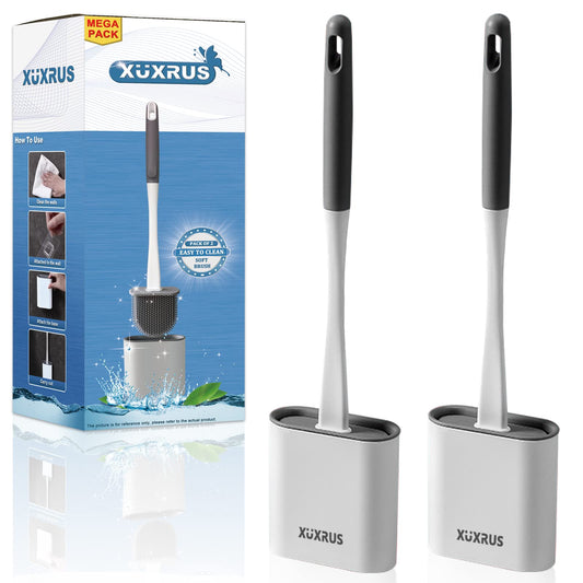 XUXRUS Silicone Toilet Brush with Quick Drying Holder Set -2Pack, Bathroom Toilet Brushes Set with No-Slip Silicone Handle & Anti-drip Base