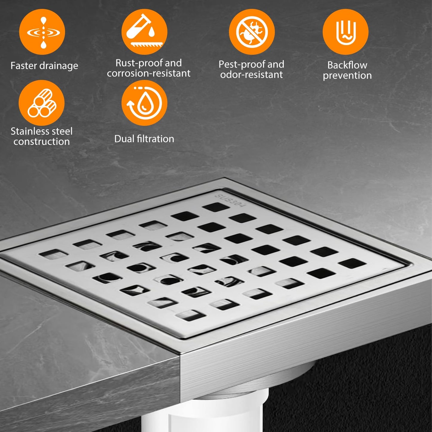 Aartner Shower Drain Square Stainless Steel Floor Drain, 15 x 15 cm, Floor Drain Shower, Hair Filter, 2-in-1 Tileable Drain Channel, Shower Drain