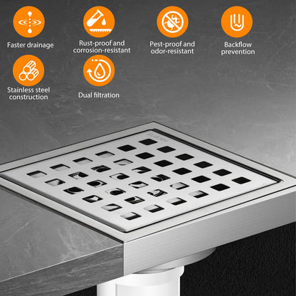 Aartner Shower Drain Square Stainless Steel Floor Drain, 15 x 15 cm, Floor Drain Shower, Hair Filter, 2-in-1 Tileable Drain Channel, Shower Drain