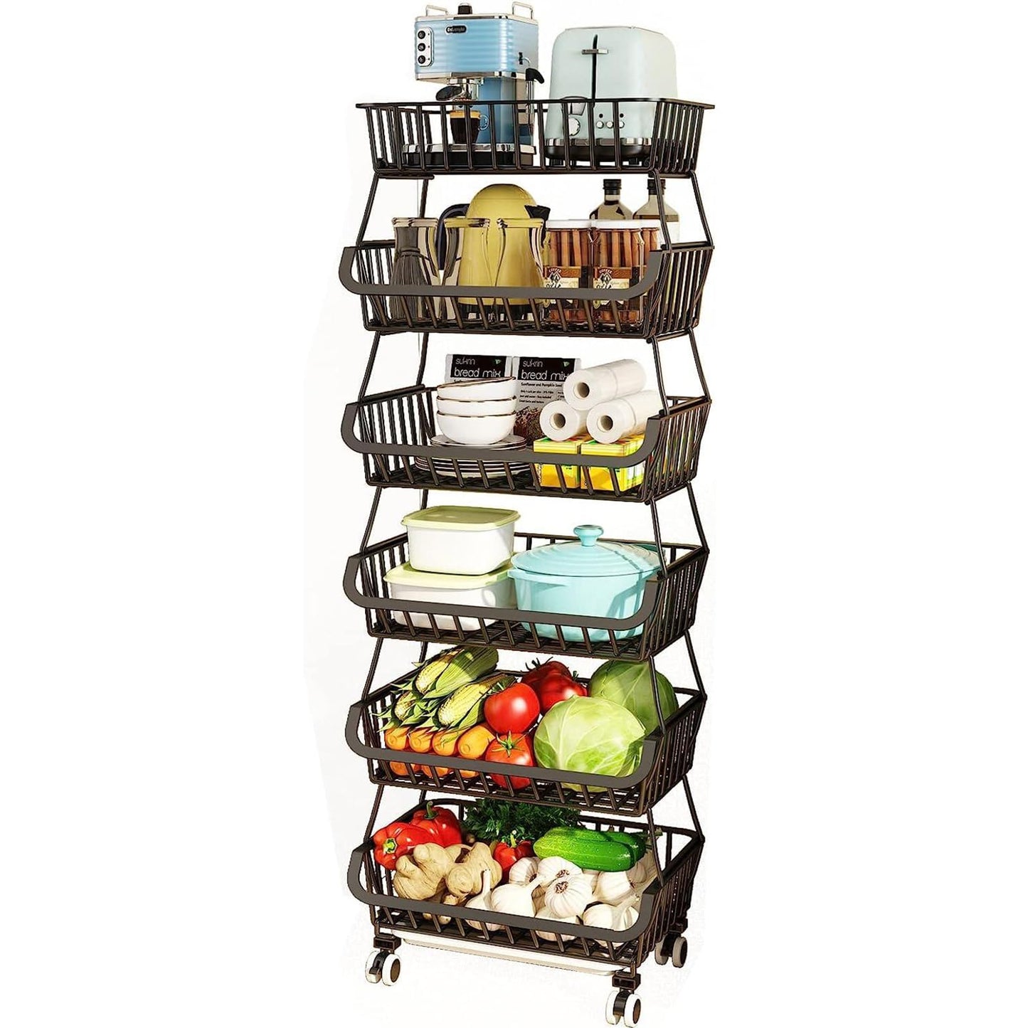 BRIAN & DANY 6 Tier Vegetable Storage Rack, Stackable Fruit Vegetable Stand with Lockable Casters and 5 S-Hooks for Kitchen, Pantry, Bathroom, Garage