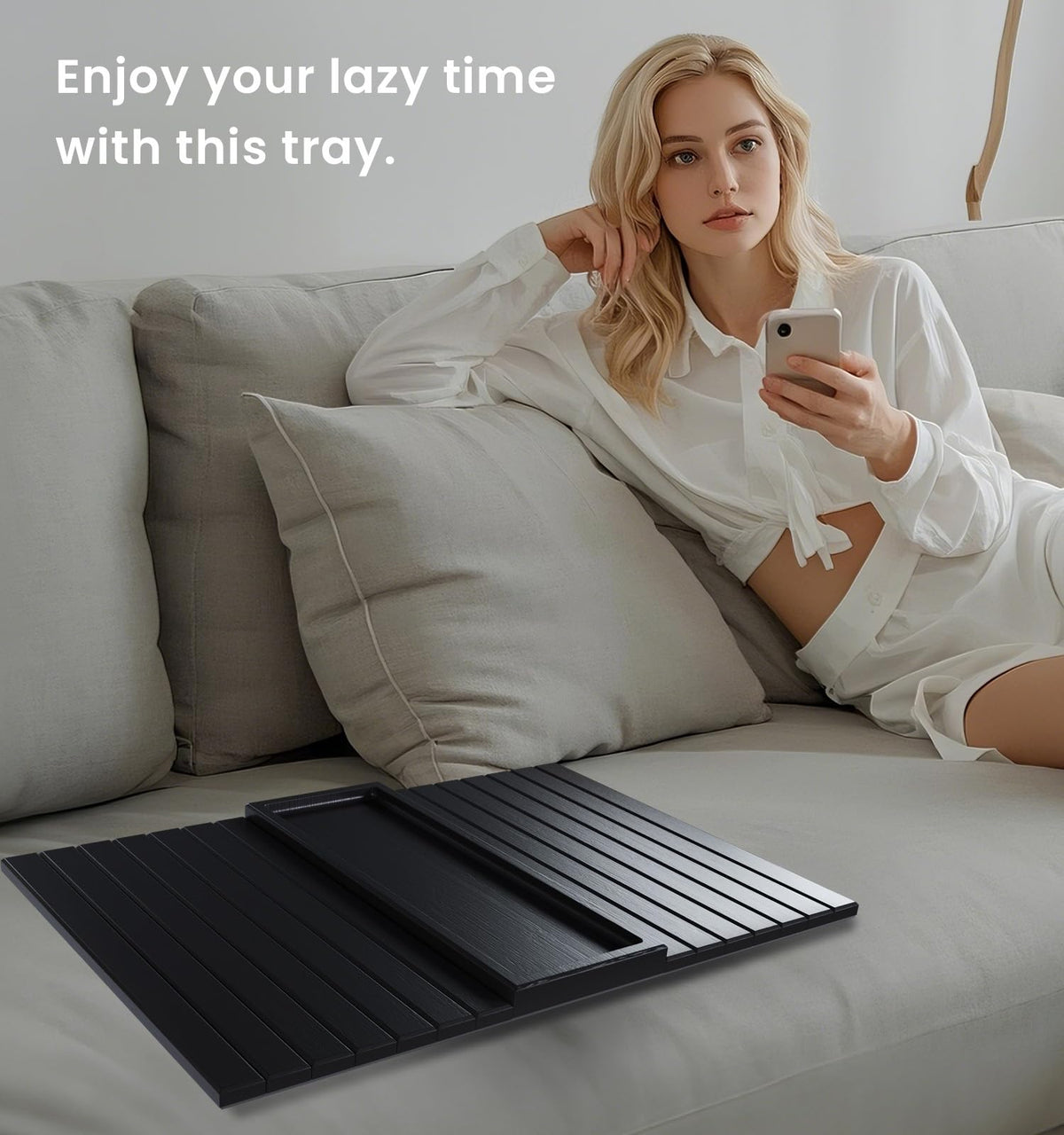Fibogollo Sofa Arm Tray,Bamboo Folding Couch Arm Tray,1 Pc Sofa Armrest Trays with Anti-Slip Pad for Drinks,Snacks,Phone,Remote Control（Black）