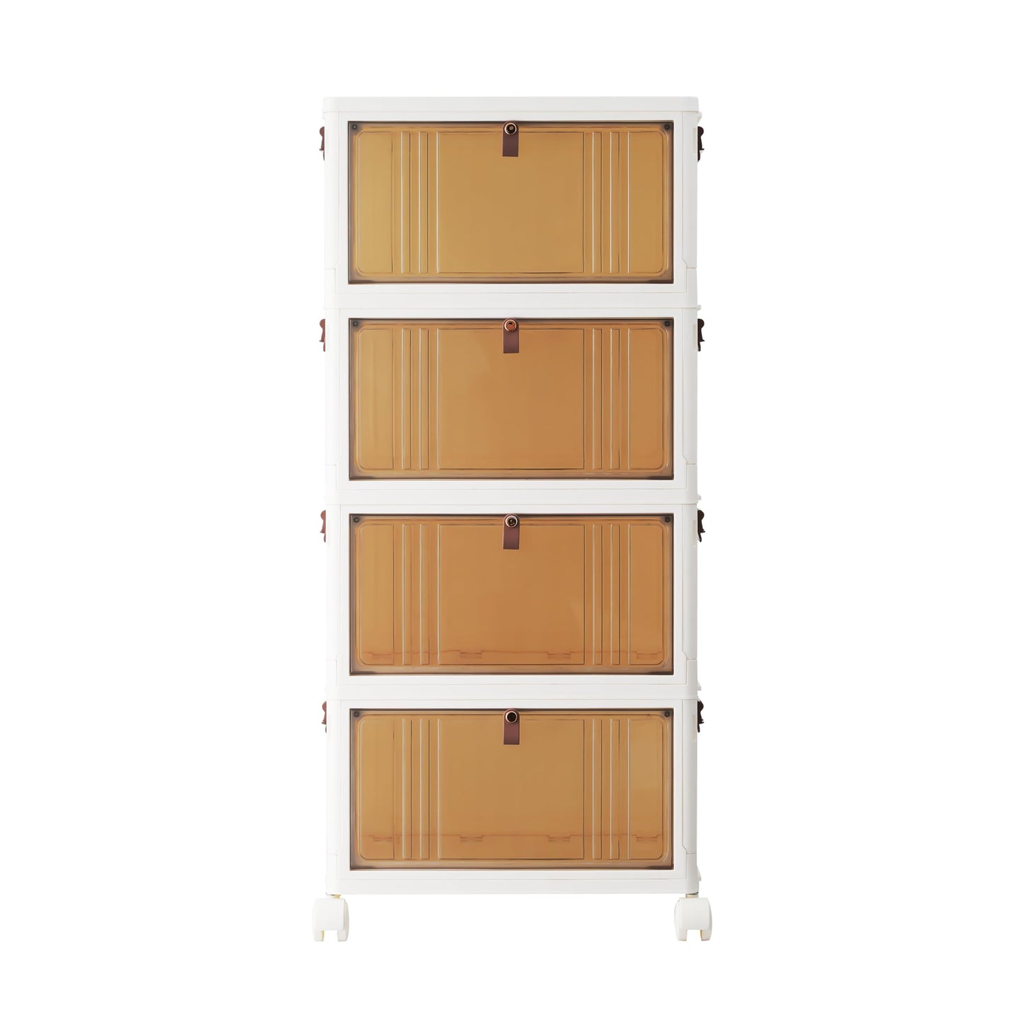 BARGAIN FACTORY 4-Tier Stackable Storage Boxes with Lids - Folding Plastic Storage Bins Unit on Wheels with Brakes