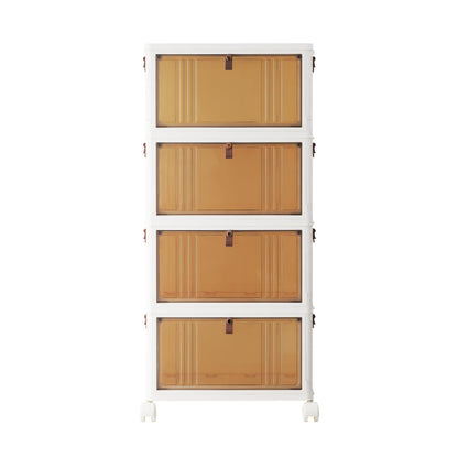BARGAIN FACTORY 4-Tier Stackable Storage Boxes with Lids - Folding Plastic Storage Bins Unit on Wheels with Brakes