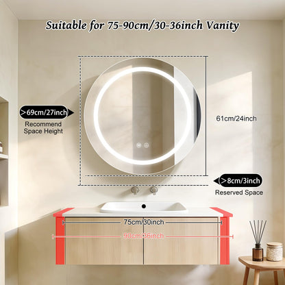 Janboe 61cm Round Mirror Cabinet with Lights,with Defogger,Dimmable,Anti-Fog,3 Colors,Gold