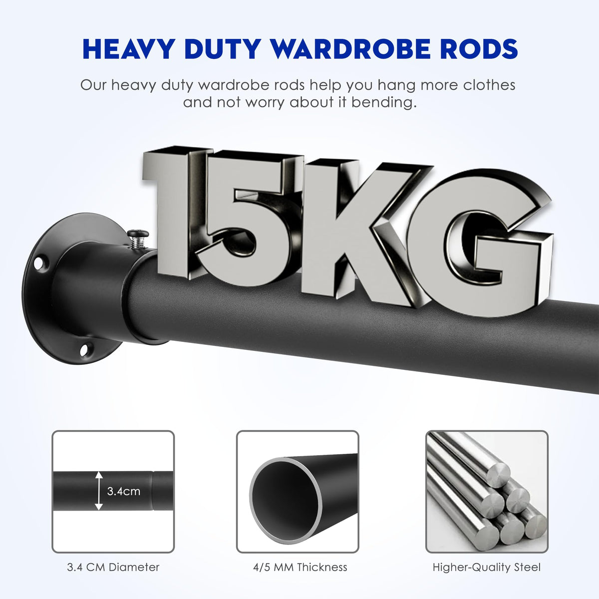 Wardrobe Rail Extendable, 32MM Stainless Steel Wardrobe Rod Black 74-160cm, Heavy Duty Clothes Hanging Pole With Screws and Fixing Sockets for