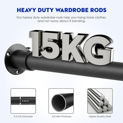Wardrobe Rail Extendable, 32MM Stainless Steel Wardrobe Rod Black 74-160cm, Heavy Duty Clothes Hanging Pole With Screws and Fixing Sockets for