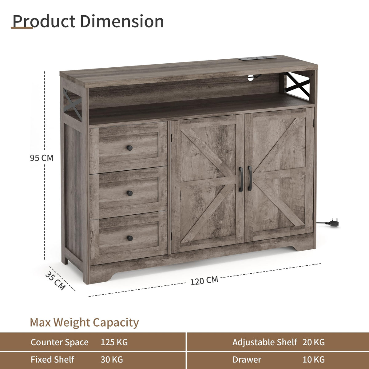 BonVache Sideboard Cabinet,Wooden Sideboard with Adjustable Shelf,3 Drawers and Open Shelf,Storage Cabinet for Living Room,Kitchen Storage Unit for
