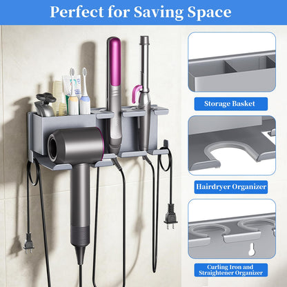 ZDDLOINP Hair Dryer Holder with Plug Hook & Storage Basket, Curling Iron&straightener Holder, Hair Styling Care Tool Organizer