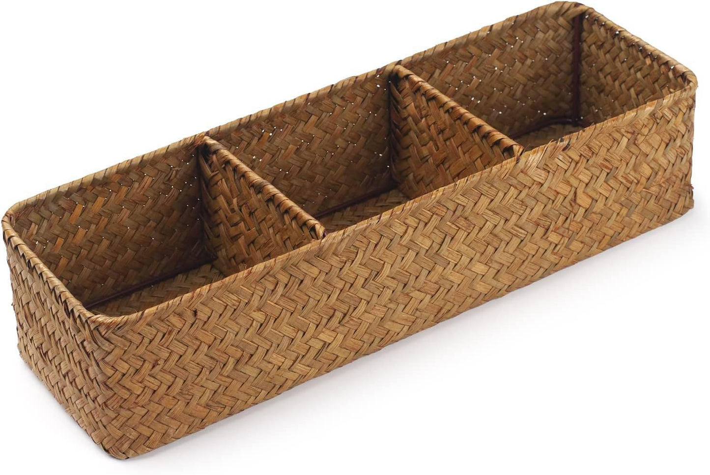 Toilet Tank Basket, Seagrass Storage Basket for Bathroom, Wicker Woven Bathroom Organizer with 3 Compartments, Small