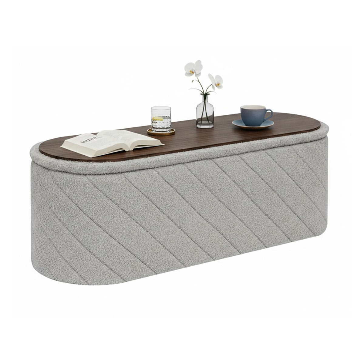 Bonlife Oval Ottoman with Storage Bench, Folding Foot Rest with Lid, Boucle End of Bed Bench,Foostool for Living