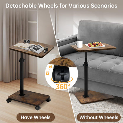 KUKKUME C Shaped Side Table Height Adjustable Sofa Table Over Bed Table with 360° Swivel Tray and Wheels Under Sofa End Table for Living Room Couch