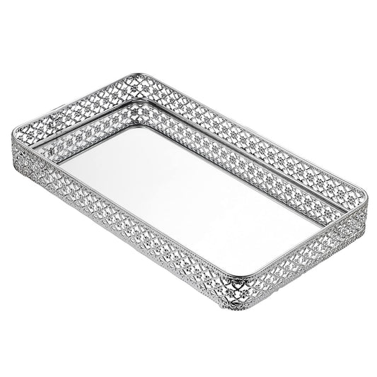 BSTKEY 35x20cm Vanity Mirror Tray Jewelry Trinket Tray, Decorative Tray for Cosmetic Makeup Dresser Bathroom Bedroom Countertop Organizer, Silver