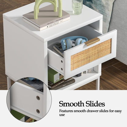 Skokliz Bedside Tables Set of 2, Rattan Bed Side Table for Bedroom with Drawer & Open Shelf, Wood Nightstand, White Bedside Cabinets for Living Room