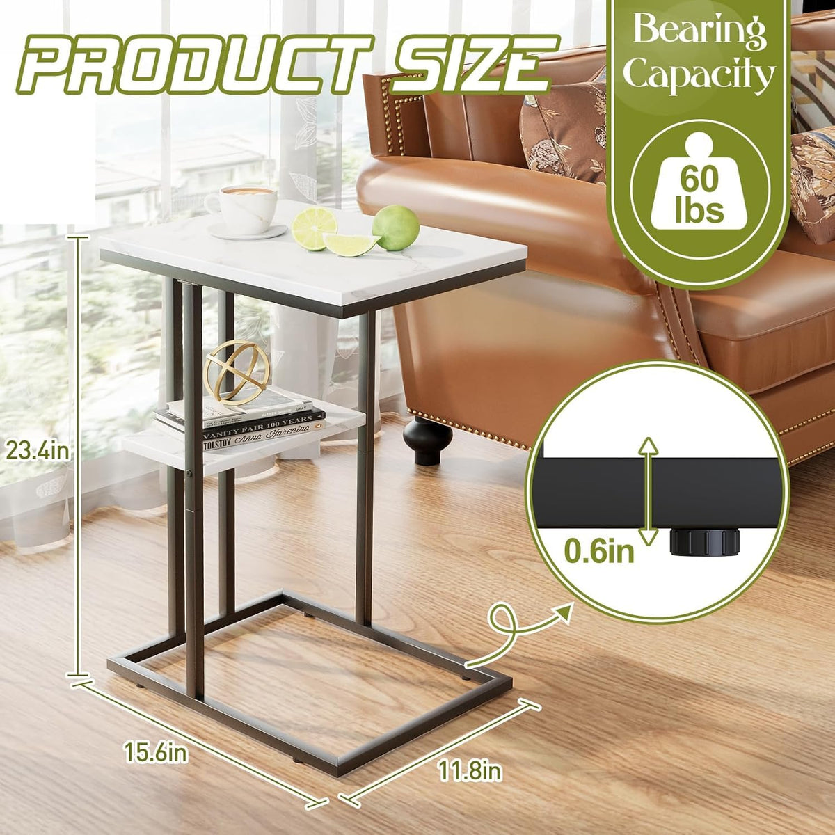 C Shaped End Table, Side Table, Sofa Table, Coffee Table Under Sofa, Small Couch Snack Tables, Bedside Tables with Metal Frame for Living Room