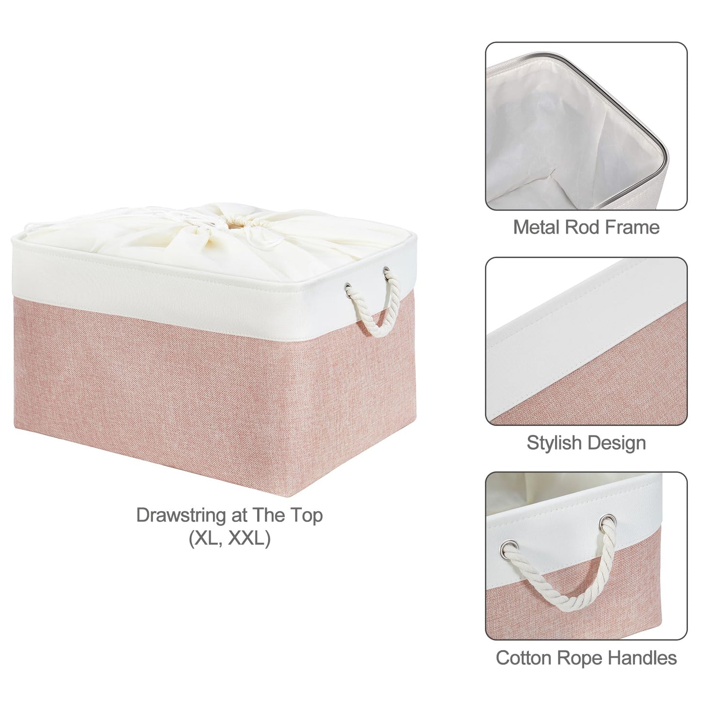 Mangata Soft Fabric Storage Boxes, Multi-Size, Rectangular Container Baskets for Shelf, Wardrobe, Toys and Clothes, 41x31x18 cm, Pink and White
