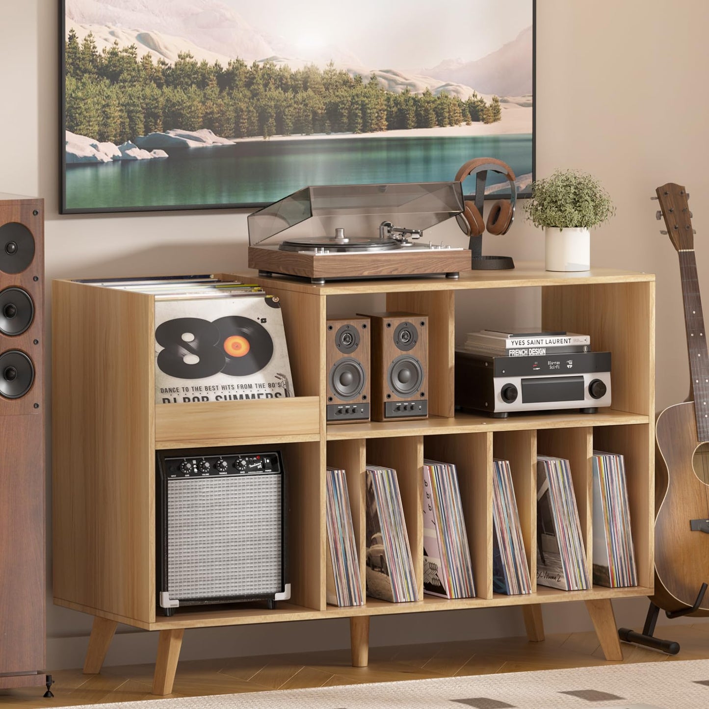LELELINKY Large Record Player Stand, Turntable Stand with Storage, Vinyl Holder with Display Area, Record Player Table Holds Up to 450 Albums