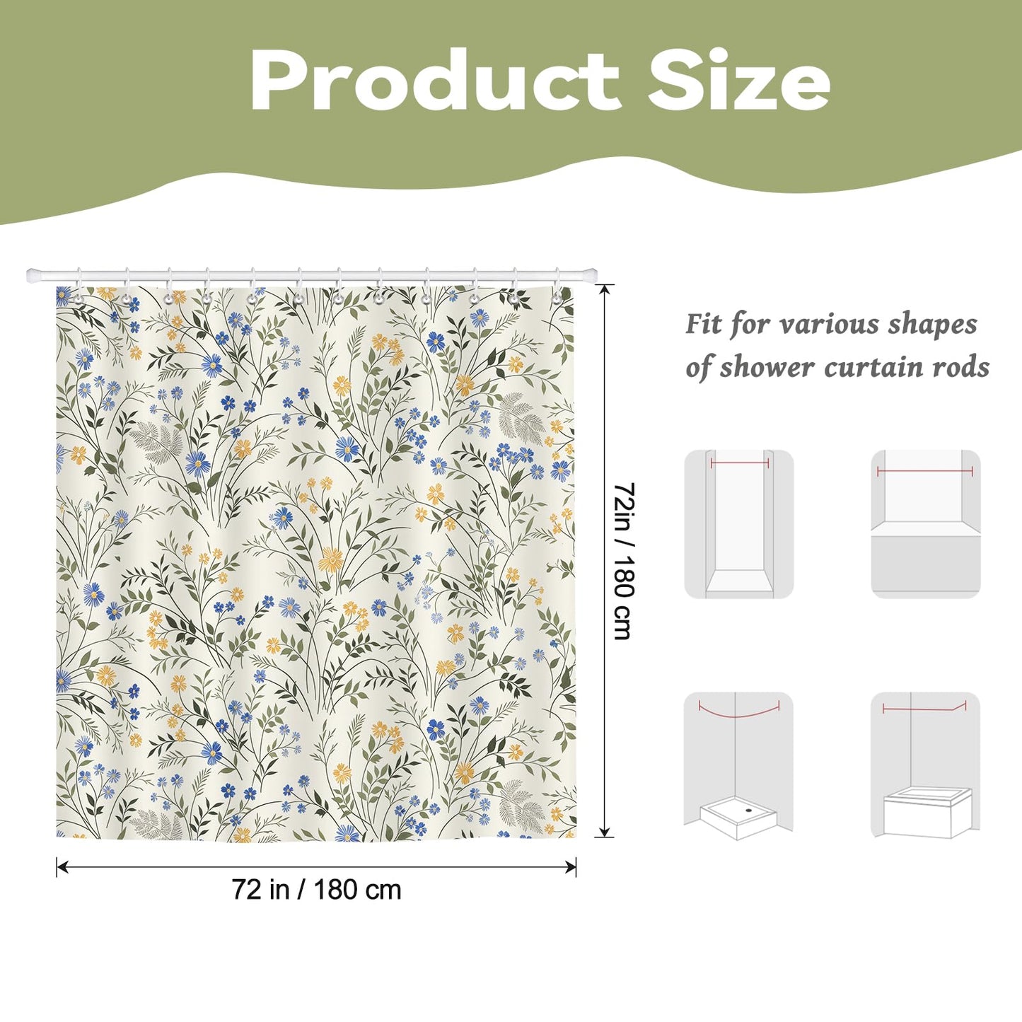 Hopomoon Country Wildflower Shower Curtain,Blue and Yellow Floral Green Leaf Plant Spring Summer Botanical Plant Pattern