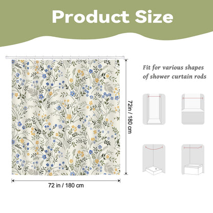 Hopomoon Country Wildflower Shower Curtain,Blue and Yellow Floral Green Leaf Plant Spring Summer Botanical Plant Pattern