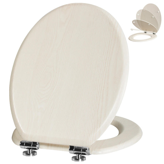 Angel Shield Toilet Seat Antibacterial Wooden Soft Close Toilet Seat with Quick Release Adjustable Hinges Easy Clean and Assembly for Bathroom (Creamy