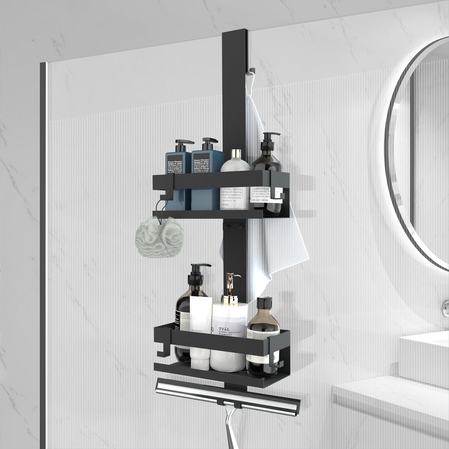 UUlioyer Hanging Shower Caddy, SUS304 Stainless Steel Over Door Shower Shelf, Bathroom Storage No Drilling (Style A - Black)
