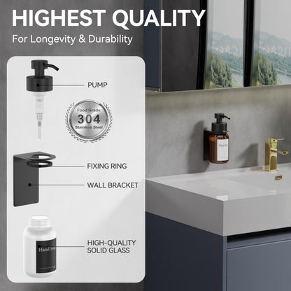 Glass Soap Dispenser, Wall mounted Soap Dispenser for Kitchen and Bathroom, Stainless Steel Pump Dispenser for Liquid Soap, No Drilling Required