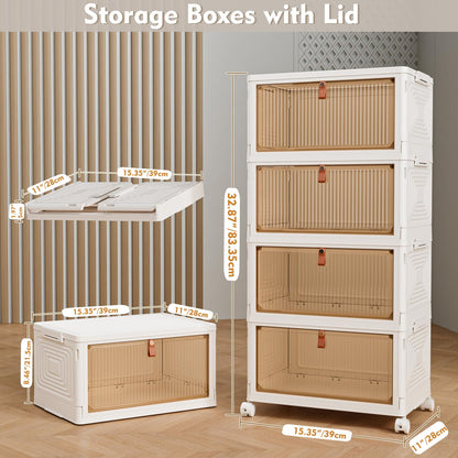 TidyTrove Storage Boxes with Lid, Plastic Storage Boxes with 1 Lid 23L/Tier, 4-Tier Stackable Bins with Wheels, Folding StorageBins, Storage Organizer