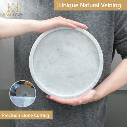 HAMAKAWA Natural Marble Bathroom Vanity Tray, Large Round Tray 24cm / 9.5 inch, Carrara White Limestone Dresser Tray