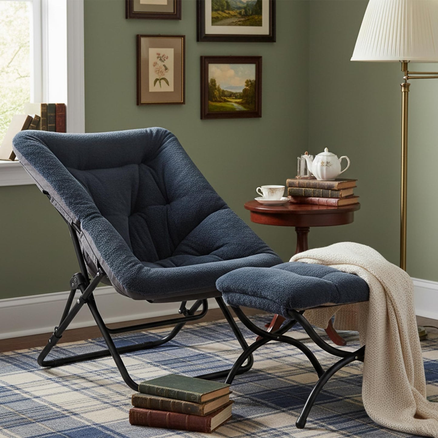 SESHINELL Comfy Saucer Chair with Ottoman, Oversized Foldable Faux Fur Lounge Reading Chair Set with Metal Frame