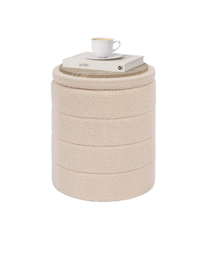 PINPLUS Round Ottoman Storage, Convertible Table, Beige, 37x37x45 cm