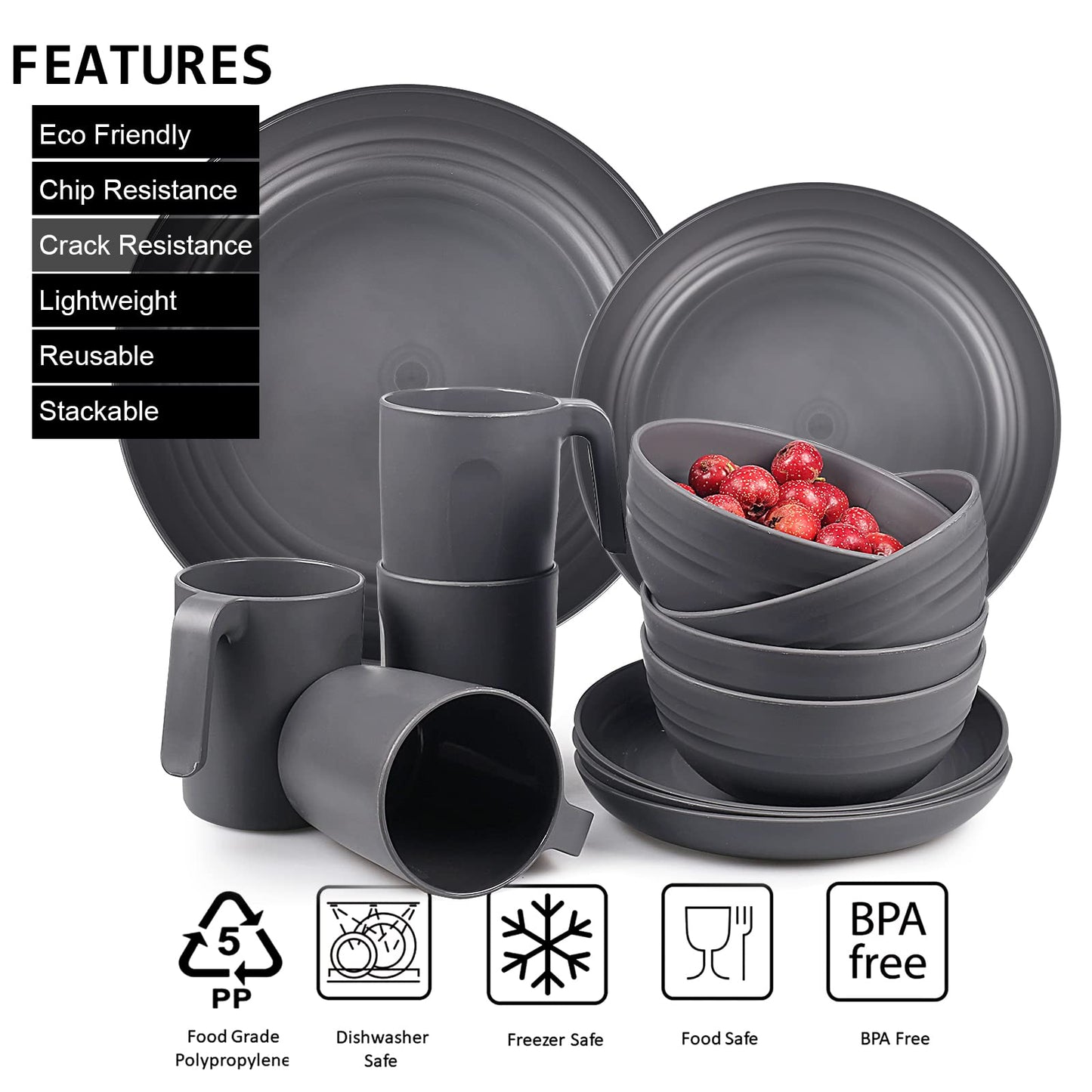 36pcs Unbreakable Dinnerware Sets for 6 People, Camping Plates and Bowls Set, Plastic Picnic Dinner Sets, Lightweight BBQ Serving Plates, Bowls,