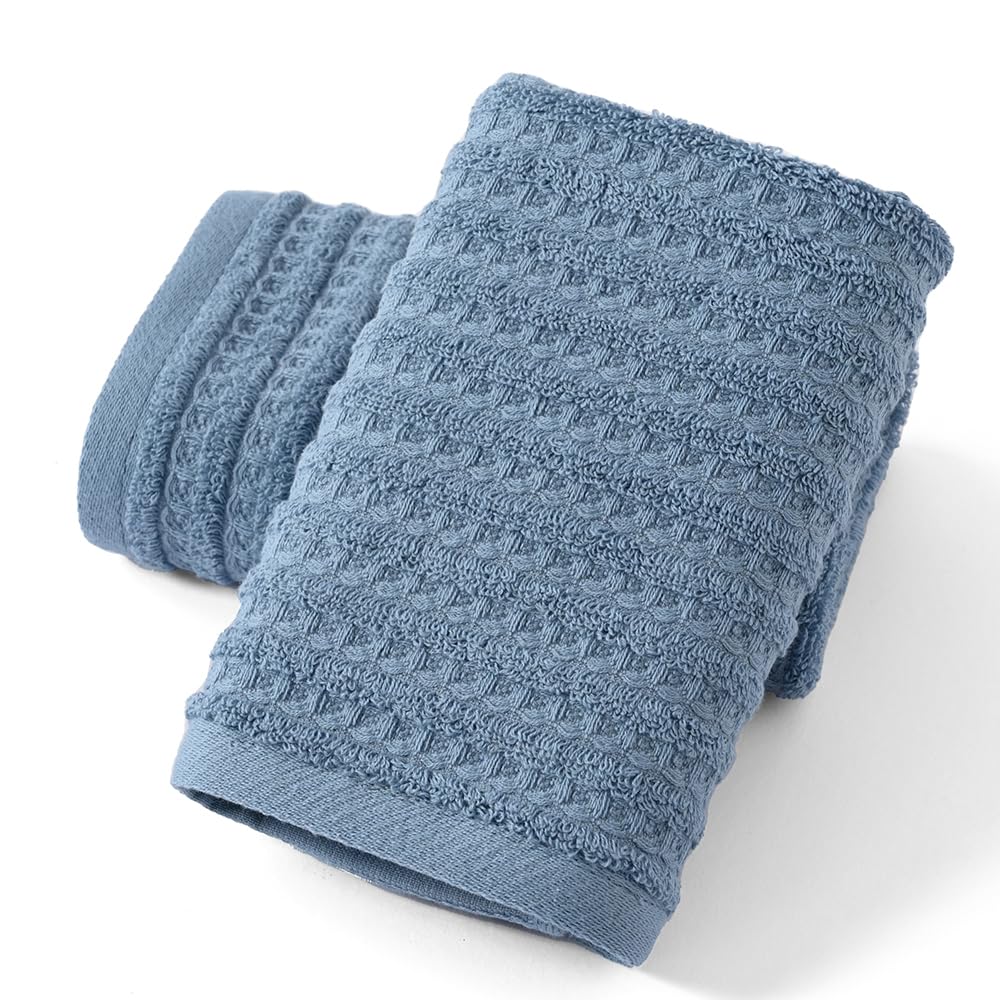 sense gnosis Blue Hand Towel Set of 2 Ultra Soft 100% Cotton Waffle Terry Striped Absorbent Lightweight Fast Drying Decorative Hand Towels for