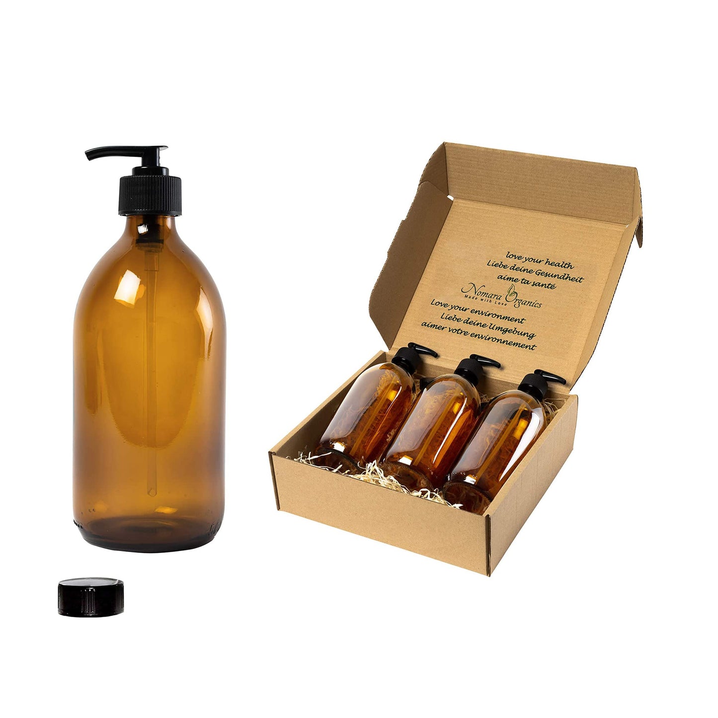 Nomara Organics Amber Soap Dispenser Bottles with Lockable Pumps, 4 Pack, BPA Free Glass, Reusable and Refillable for Handwash, Shampoo, Lotion, oil,