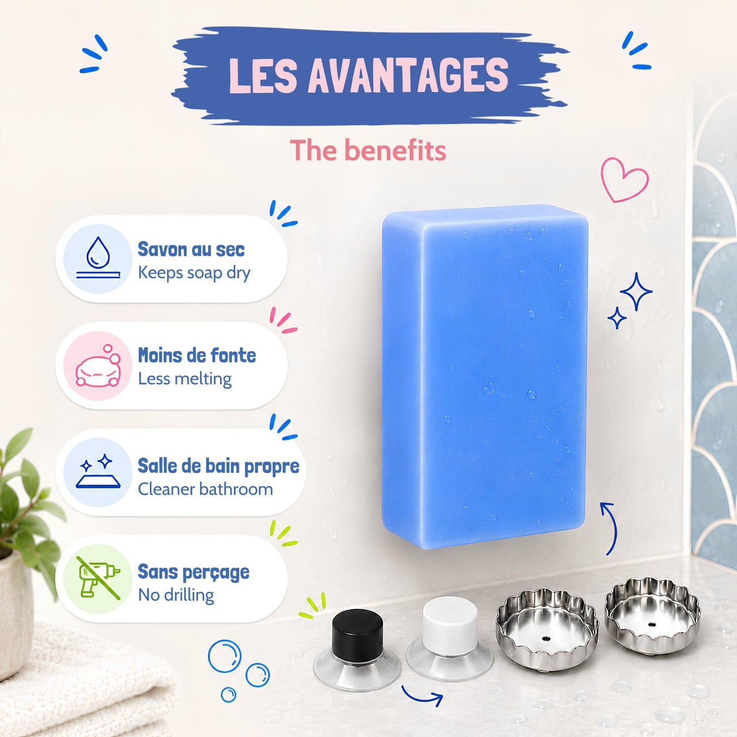EHOP Set of 4 Magnetic Wall Soap Dishes Made in France – Magnetic Soap Dish without Drilling, Wall Mount Suction Cup, Bathroom Organizer for Bathroom
