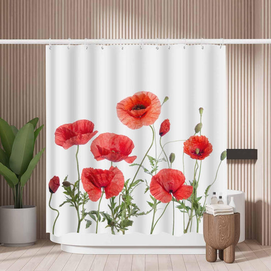 Woutay Shower Curtain Water Repellant Fabric Red Poppies,Mould Proof Resistant,Polyester,Size 180x180CM